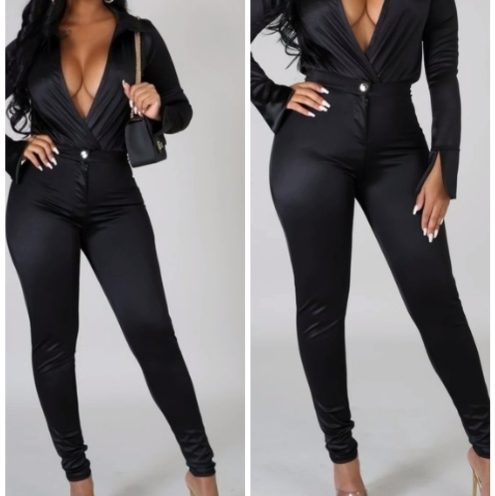 Black Satin Deep V-Neck Wrap Bodysuit & Pants Set